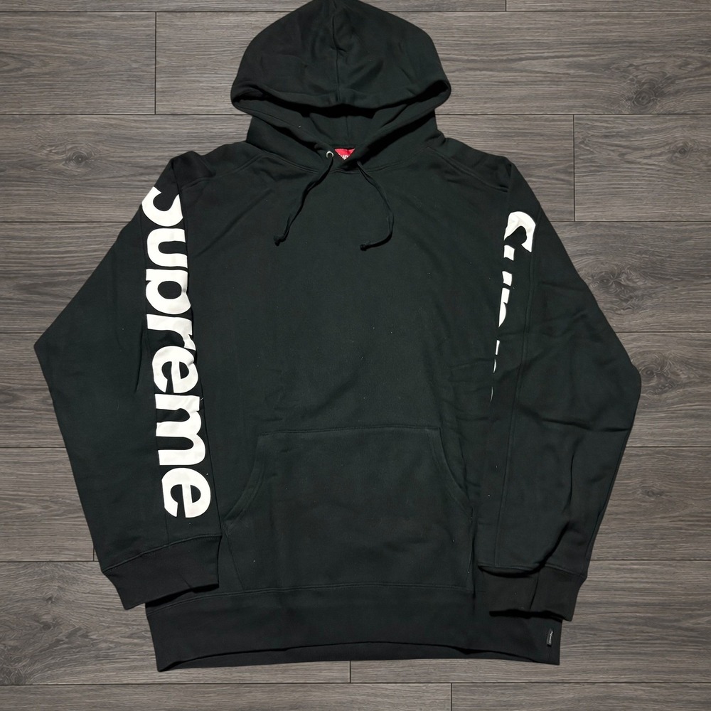 Supreme Sideline Hooded Sweatshirt Size Medium Black White Sleeve Logo Hoodie